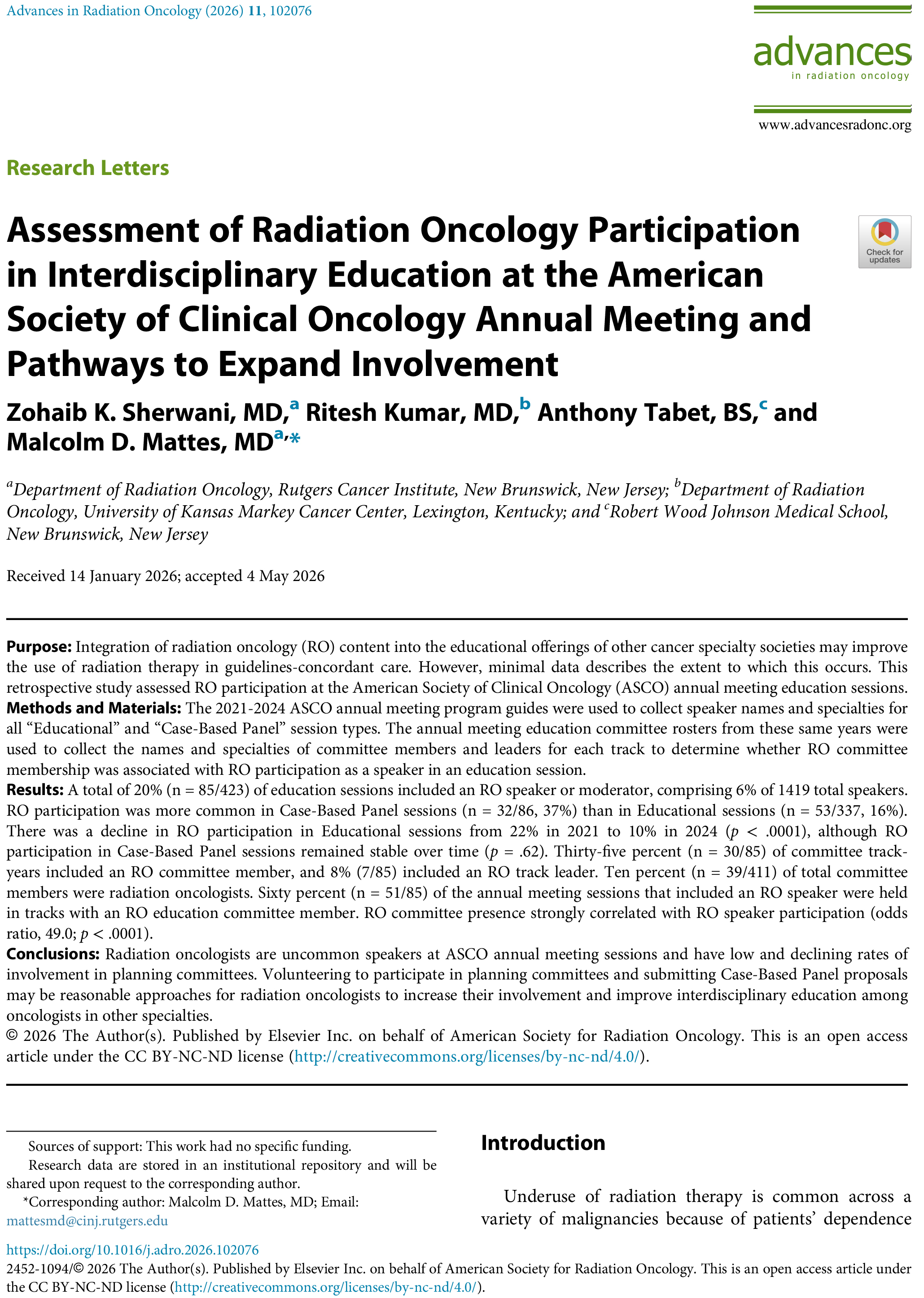 Assessment of Radiation Oncology Participation Check fo pdates in Interdisciplinary Education at the American Society of Clinical Oncology Annual Meeting and Pathways to Expand Involvement