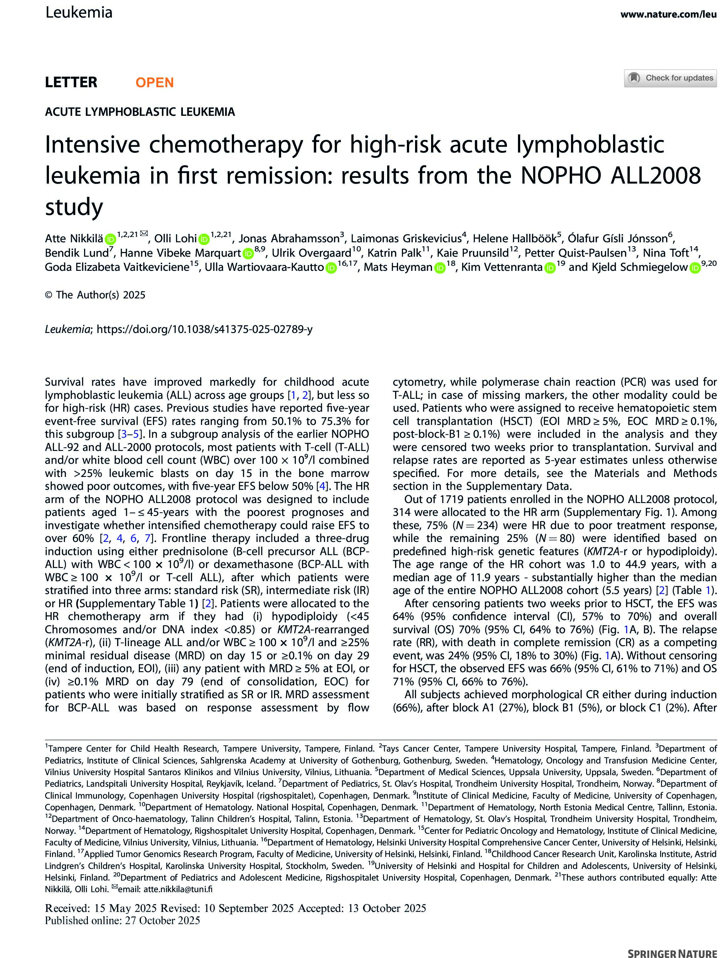 Intensive chemotherapy for high-risk acute lymphoblastic leukemia in first remission: results from the NOPHO ALL2008 study.