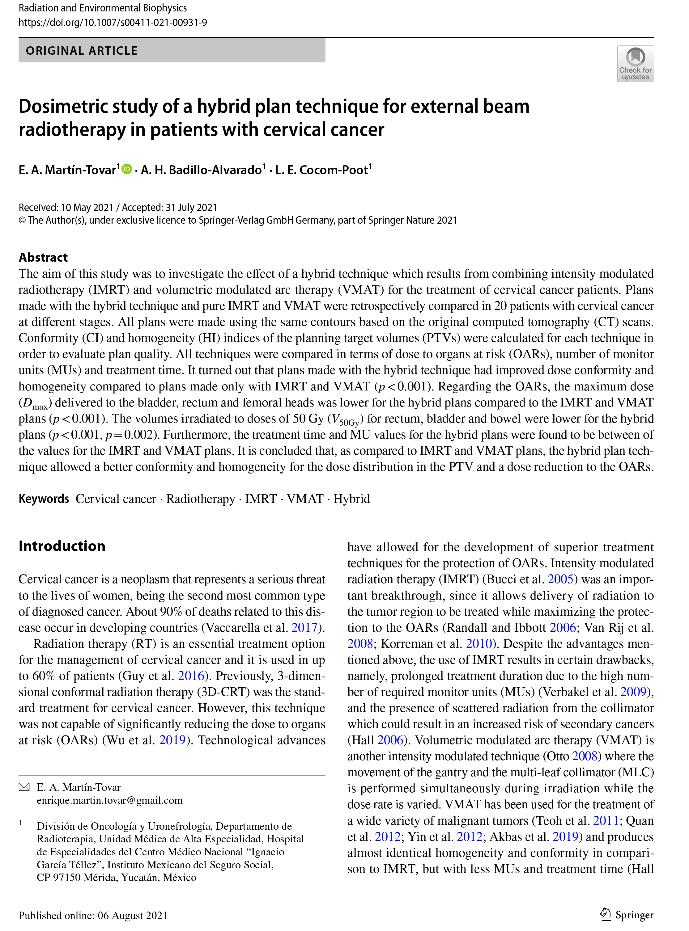 "Dosimetric study of a hybrid plan technique for external beam radiotherapy in patients with cervical cancer" Radiation and Environmental Biophysics (2021) 60:653–662
