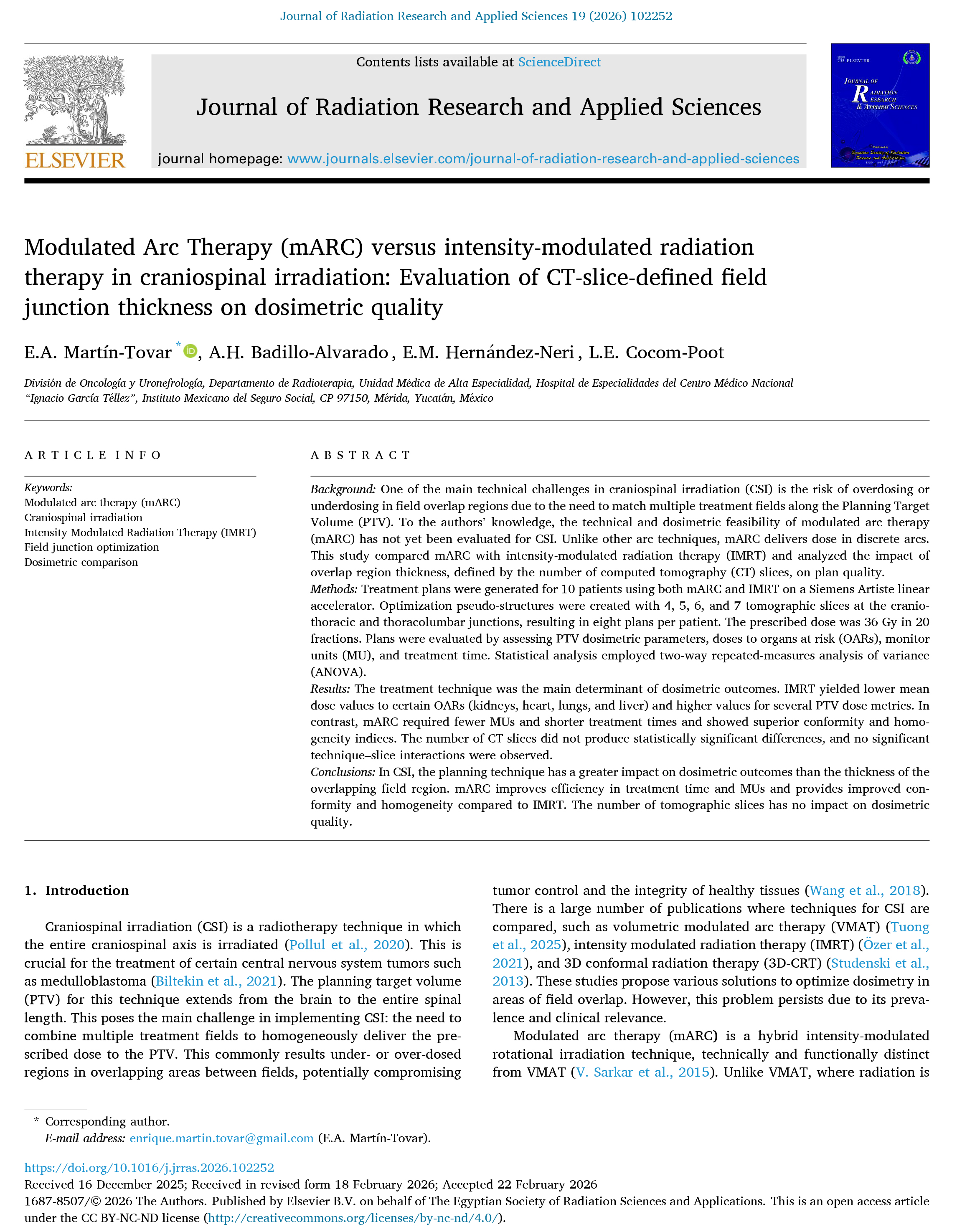 Modulated Arc Therapy (mARC) versus intensity-modulated radiation therapy in craniospinal irradiation: Evaluation of CT-slice-defined field junction thickness on dosimetric quality