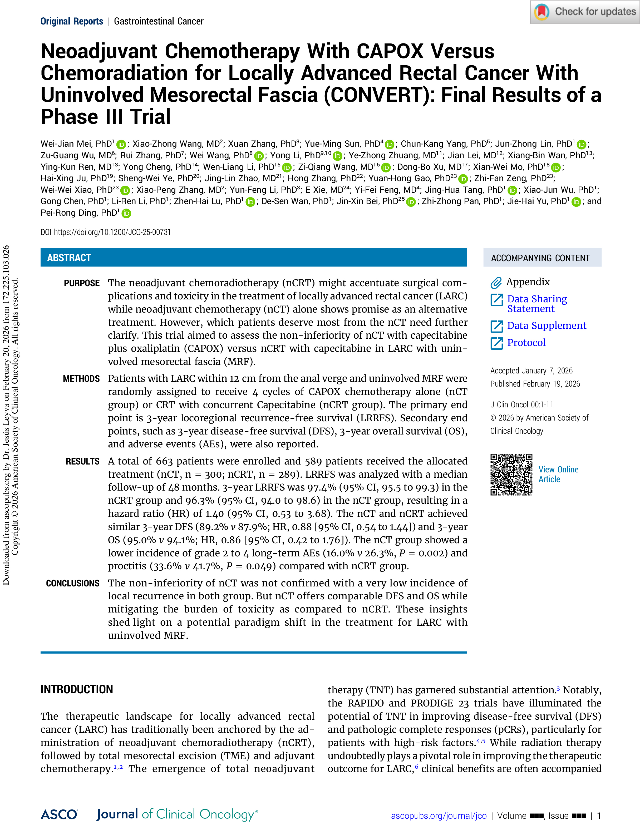 Neoadjuvant Chemotherapy With CAPOX Versus Chemoradiation for Locally Advanced Rectal Cancer With Uninvolved Mesorectal Fascia (CONVERT): Final Results of a Phase III Trial