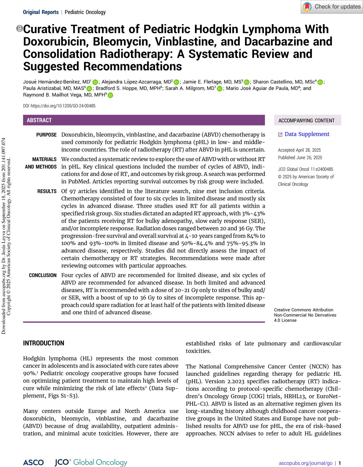 Curative Treatment of Pediatric Hodgkin Lymphoma With Doxorubicin, Bleomycin, Vinblastine, and Dacarbazine and Consolidation Radiotherapy
