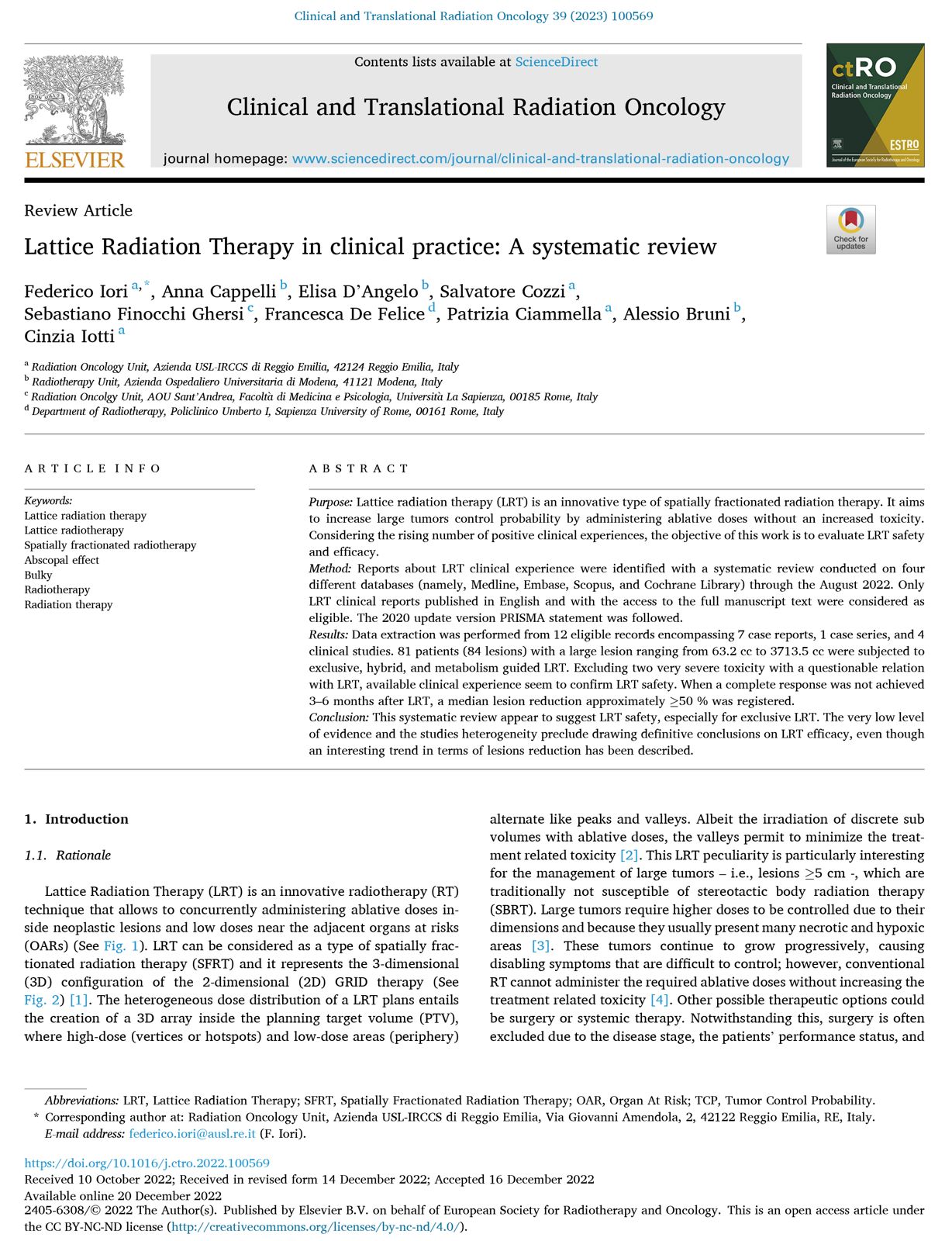 Lattice Radiation Therapy in clinical practice: A systematic review