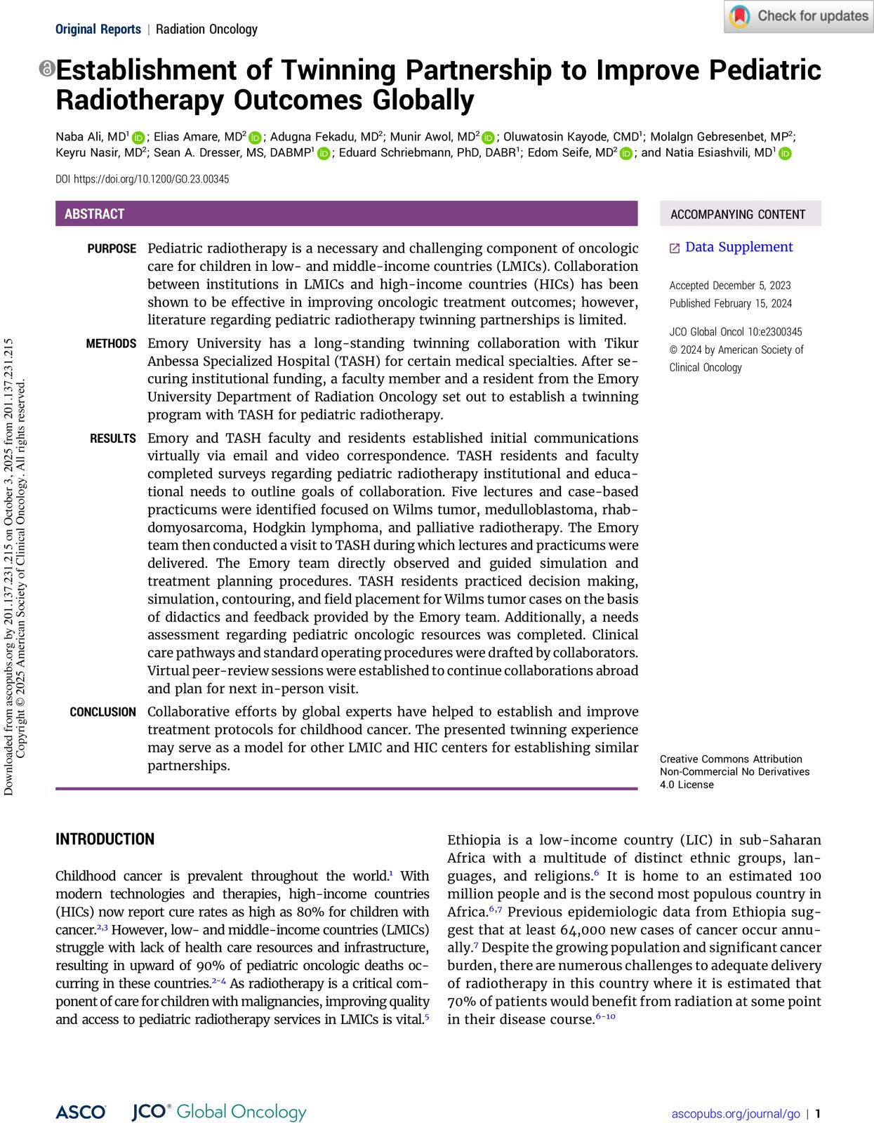 Establishment of Twinning Partnership to Improve Pediatric Radiotherapy Outcomes Globally