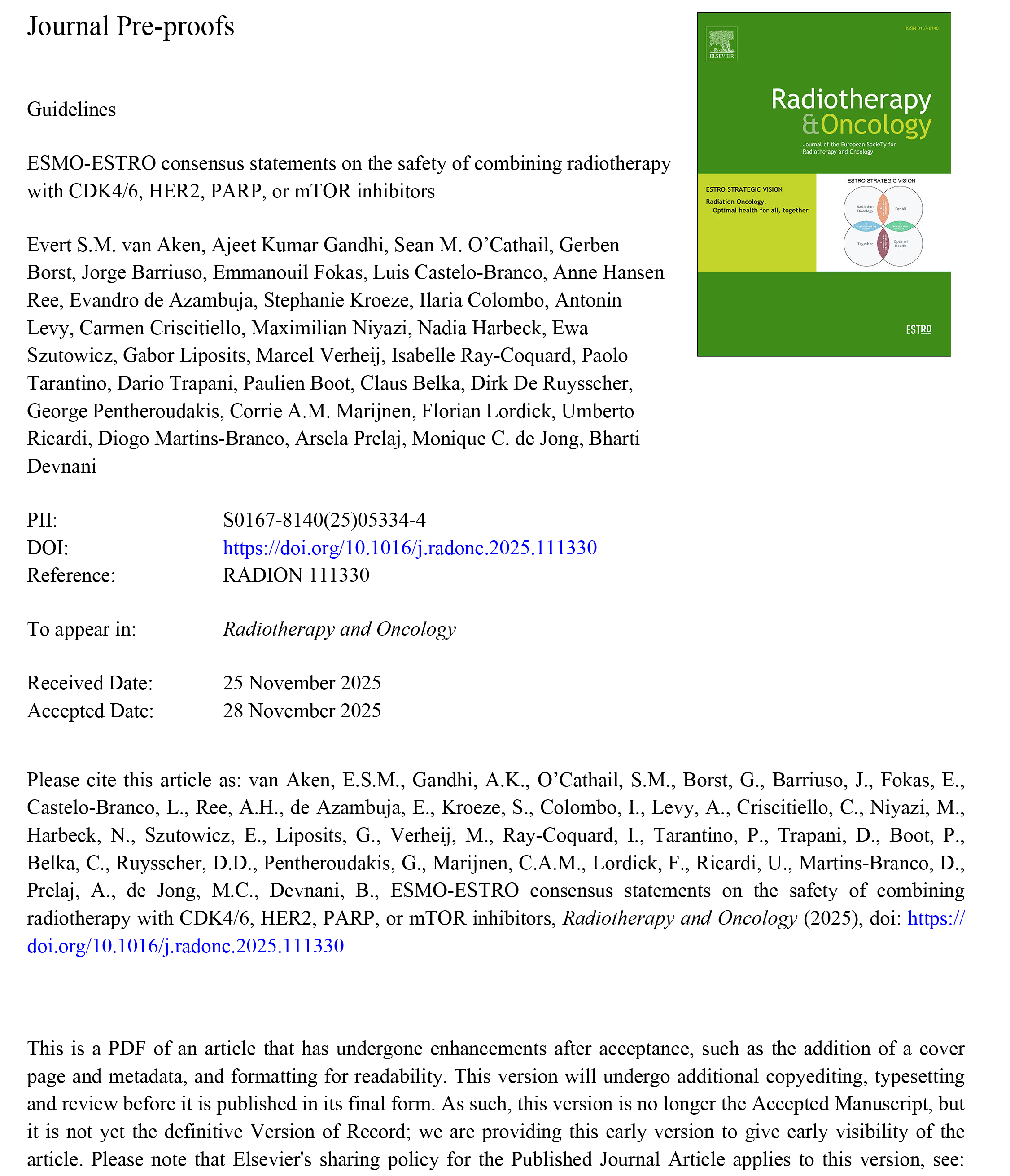 ESMO-ESTRO consensus statements on the safety of combining radiotherapy with CDK4/6, HER2, PARP, or mTOR inhibitors