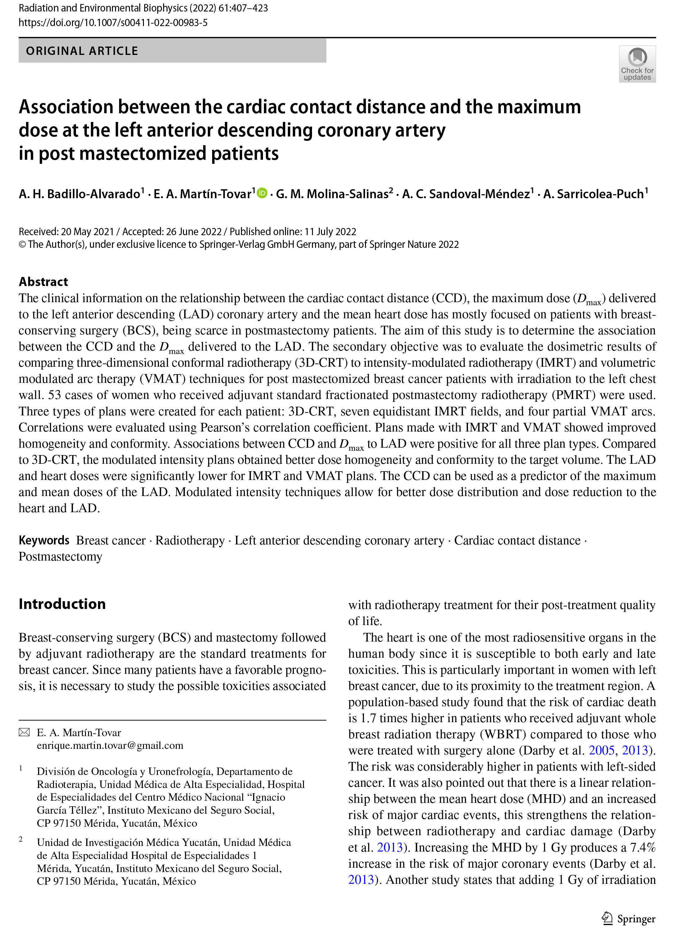 Association between the cardiac contact distance and the maximum dose at the left anterior descending coronary artery in post mastectomized patients